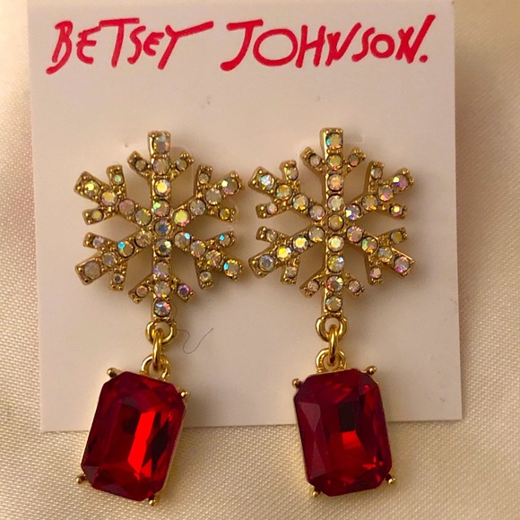Betsey Johnson Gold Tone Snowflake & Red Square Crystal Drop Earrings NWT - Picture 5 of 9